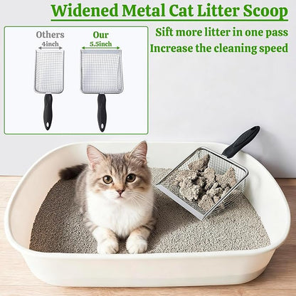 Widened Metal Cat Litter Scoop, Cat Scooper for Litter Box, Stainless Steel Pellet Kitty Litter Scoop, Cat Litter Scooper with Sticky Hang Hook for Easy Storage, Quickly Filter Litter Lumps(6mm Mesh)