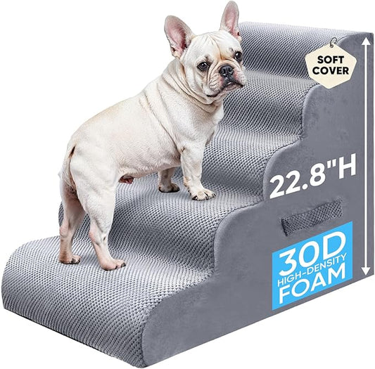 PAWSCART Pet Stairs for Dogs 5-Step, 22.8" H Pet Stairs for High Bed, Couch Sofa & Chair, 30D Material Soft Foam Dog Steps with Non-Slip Bottom Surface Removable Washable Cover, LightGrey