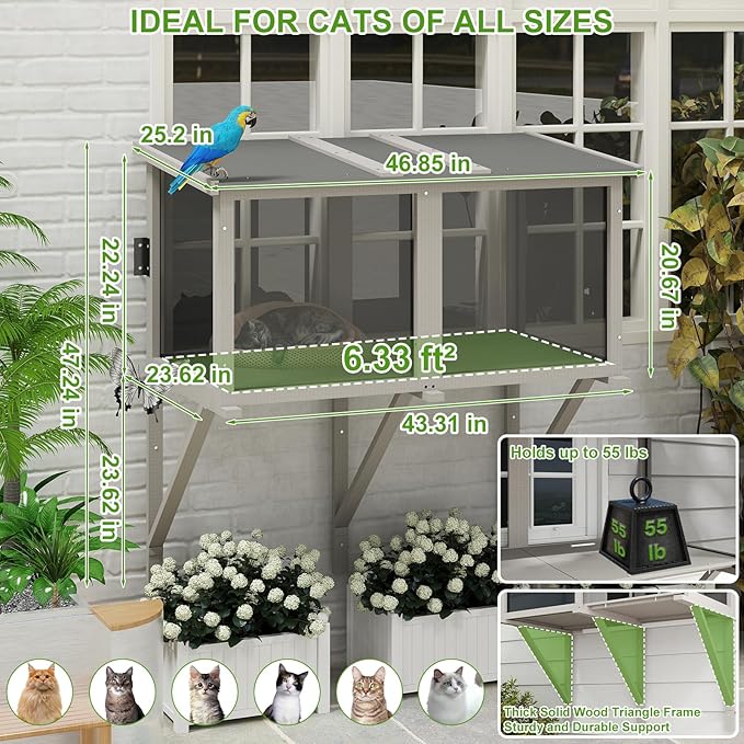PetsCosset Cat Window Box Catio Outdoor Cat Enclosure for Sunbathing, Napping & Bird Watching, Sturdy Window Perch for Indoor Cats for Apartments, Keeps Insects Out, All-Weather Use, Grey