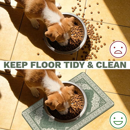 Pet Dog Cat Food Mat, Absorbent Dog Bowl Mats for Food and Water, Non Slip Boho Dogs Cat Placemats Feeding Mat for Floors Indoor Puppy Pet Accessories Supplies 17 * 30 inch, Retro Green