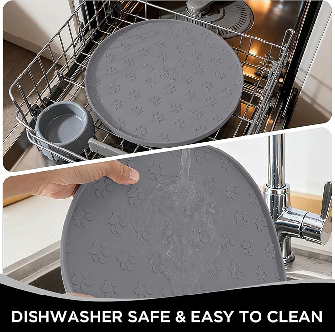Comtim Waterproof Dog Food Mat - 2 Pack Silicone Pet Food Mat Dog Food Bowl Mats Cat Water Mats Eating Tray, Non-Slip Pet Placemat with Lip for Messy Drinkers to Protect Floor,Dark Grey 11"×11"
