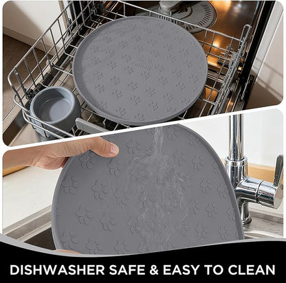 Comtim Waterproof Dog Food Mat - 2 Pack Silicone Pet Food Mat Dog Food Bowl Mats Cat Water Mats Eating Tray, Non-Slip Pet Placemat with Lip for Messy Drinkers to Protect Floor,Dark Grey 11"×11"