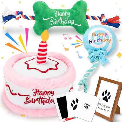 7Pcs Dog Birthday Toys Gifts, No-Mess Paw Print Keepsake Kit with Squeaky Dog Cake Toy, Plush Crinkle Toy, Pet-Safe Ink Pad & Photo Frame for Small Medium Dogs