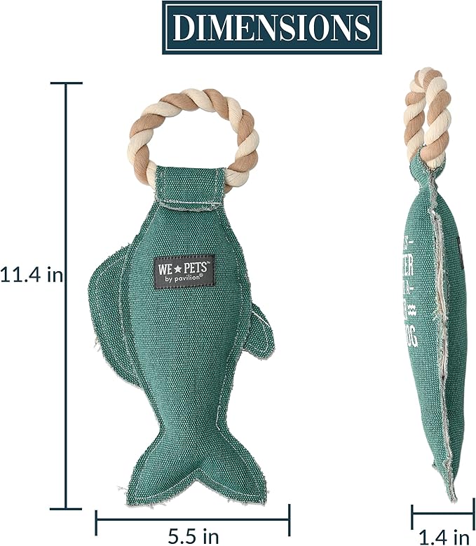 12" x 6" x 2" Teal Fish Shape Life is Better with A River Dog Tug of War Rope Handle Sturdy Dog Toy, Dogs for Medium- Large Breeds