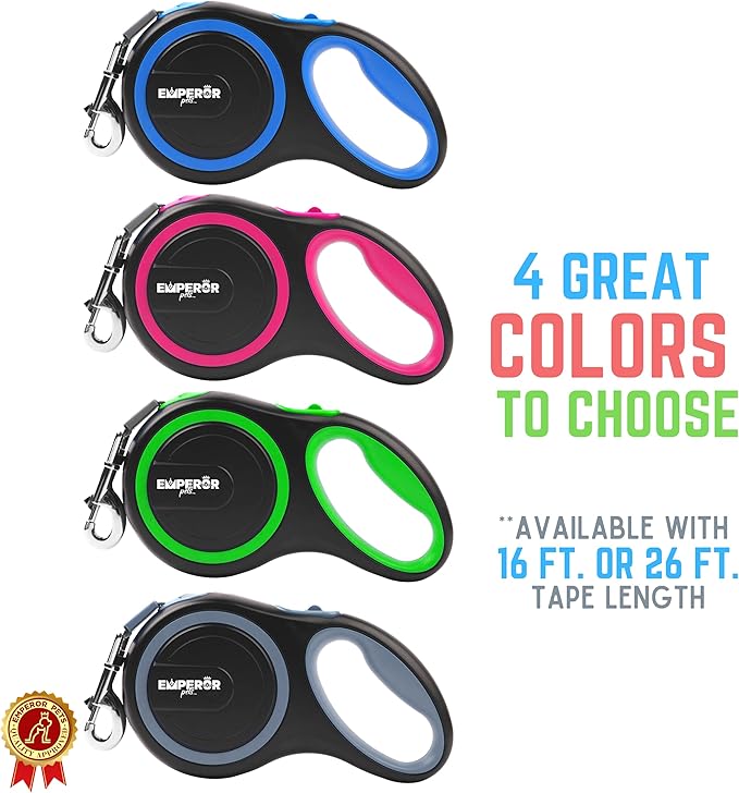 Emperor Pets 26 ft Retractable Dog Leash - Heavy Duty Retractable Pet Leash with Anti-Slip Grip - Reflective Dog Leash Tape for Medium to Large Dogs up to 100 lbs -PK26