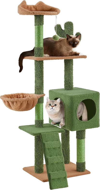 Yaheetech | Cactus Cat Tree | 59.5in Cat Tower w/Cute Perch, Cozy Condo, Convenient Climbing Ladder | Moppy Fabric-Covered Cat House for Indoor Cats | Green/Brown