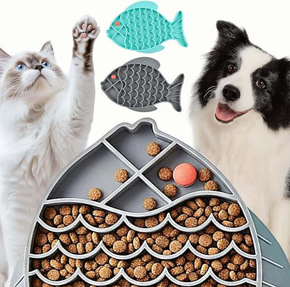 2 Pack Slow Feeder Cat Bowls – Fish-Shaped Silicone Puzzle Feeders for Cats & Small Dogs, Non-Slip Lick Mat for Healthy Eating, Boredom & Anxiety Relief (Blue and Gray)