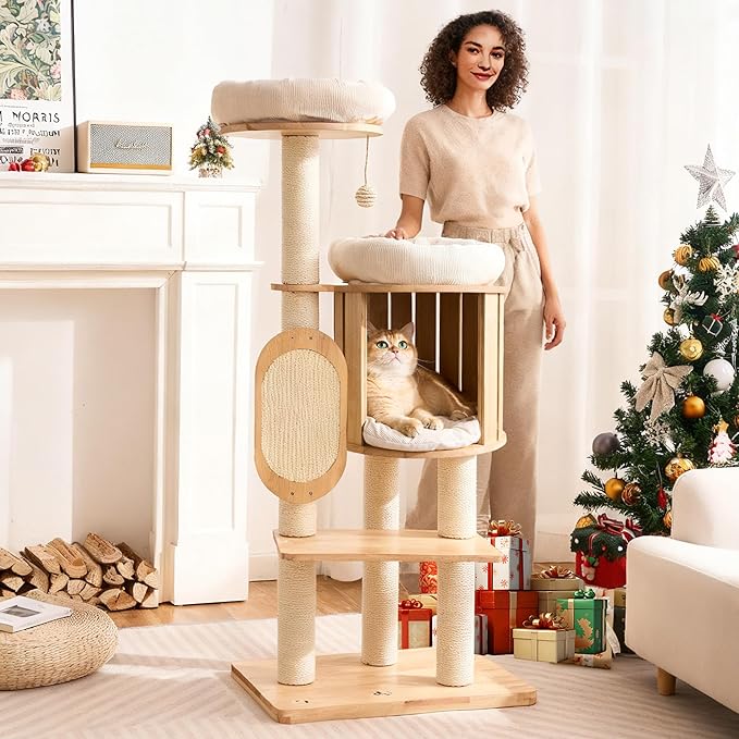 Modern Solid Wood Cat Tree for Indoor Cats Large Adult, 50in Tall Cat Tower with Sisal Scratching Posts, Cat Scratcher Cardboard, Cozy Cat Beds Cave Condo, Multi-Level Cat Furniture