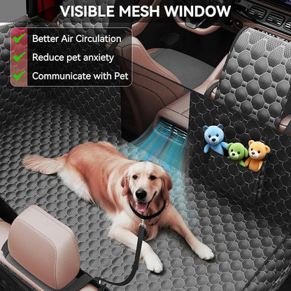 DIAMOOKY Dog Car Seat Cover for Back Seat, Waterproof Back Seat Extender for Dogs w/Door & Headrest Protector, Hard Bottom Pet Bed Hammock Holds 420lbs, for Cars SUVs Small Trucks(Not for 3-row seats)