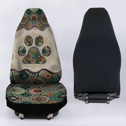 Universal Bucket Seats Cover Protector, 2 PCS Colorful Green Boho Mandala Dog Paw Print Waterproof Durable Auto Interior Accessory for Car Truck SUV