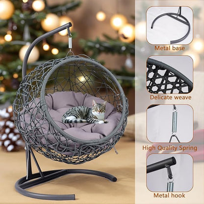 Cat Egg Chair with Stand & Cushion, Cat Swing Bed with Rattan Wicker Appearance, Hanging Chair for Indoor Cats Pet Kitten Puppy Small Dogs (Grey, 17.70 Inch)