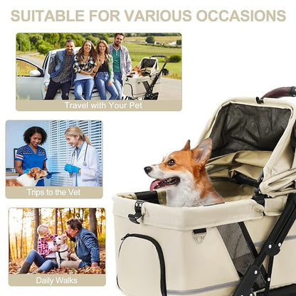 NO-Zip Pet Stroller for Small Dogs & Cats, Lightweight Dog Stroller with Reflective Safety Strips, One-Hand Fold, Claw-Proof Mesh, Breathable Travel Carriage, 33lbs Capacity, White