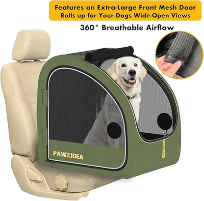 PAWZIDEA Portable Dog Crate for Car Travel, Collapsible Pet Travel Crates for Medium & Large Dogs Up to 80lbs, Enclosed Soft-Sided Car Kennel Carrier for Backseat, Secures w/Seatbelt & Headrest Strap