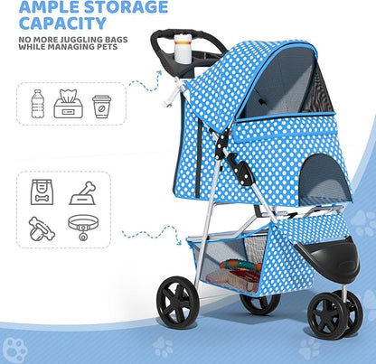 Magshion 3-Wheel Pet Stroller, Foldable Travel Jogger for Small & Medium Dogs & Cats (Up to 33lbs), Lightweight Carrier with Breathable Mesh Cover, Cup Holder & Storage Basket, Sky Blue Polka Dots