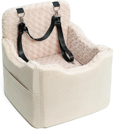 Dog Car Seat for Small Medium Dogs - 6.7inch Elevated Dog Booster Car Seats with Deluxe Rose Plush, Washable Safety Pet Carseat Travel Bed with 2 Safety Belts and Storage Pockets(Beige)