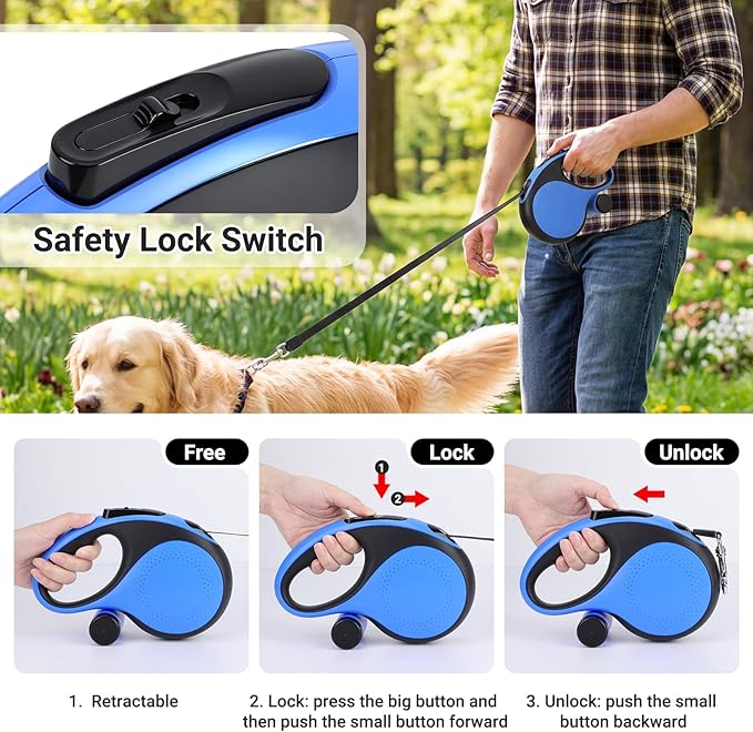 Segarty 26 Ft Retractable Lead for Dogs Weighing 66 lbs - 110 lbs, 8m Heavy-Duty Dog Leash with Poop Bag Holder, Extra Long Lead with Anti-Slip Handle One-Handed Brake Pause Lock for Medium Large Pet