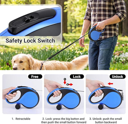 Segarty 26 Ft Retractable Lead for Dogs Weighing 66 lbs - 110 lbs, 8m Heavy-Duty Dog Leash with Poop Bag Holder, Extra Long Lead with Anti-Slip Handle One-Handed Brake Pause Lock for Medium Large Pet
