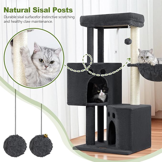Small Cat Tree Tower for Indoor Cats, 40 In Medium Multi-Level Compact Cat House Bed with 2 Condos, Large Platform Perch, Sisal Scratching Post, Hammock, Cat Climbing Stand for Kitty kitten(Dark Grey)