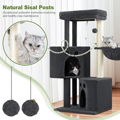 Small Cat Tree Tower for Indoor Cats, 40 In Medium Multi-Level Compact Cat House Bed with 2 Condos, Large Platform Perch, Sisal Scratching Post, Hammock, Cat Climbing Stand for Kitty kitten(Dark Grey)