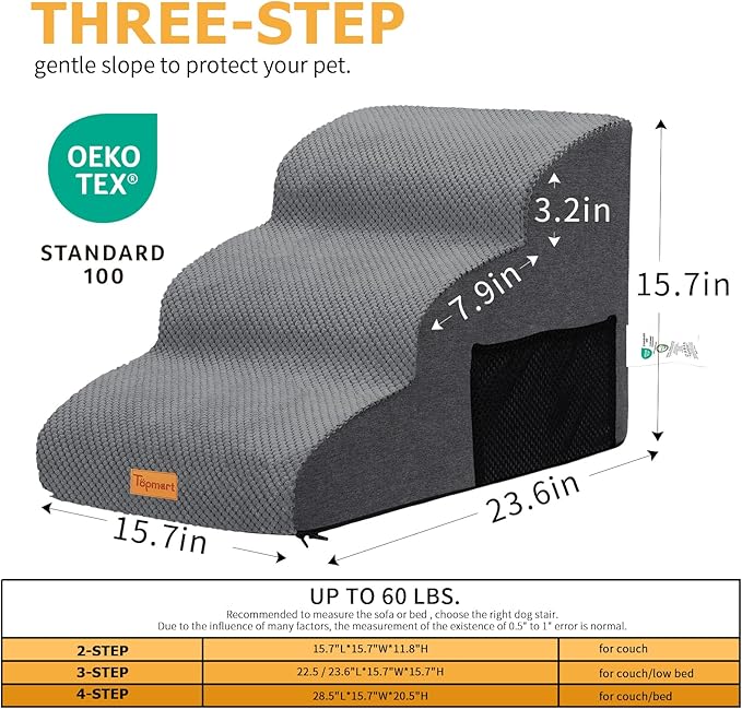 Topmart 3 Tiers Foam Dog Ramps/Steps,Non-Slip Dog Steps,Extra Wide Deep Dog Stairs,High Density Foam Pet Stairs/Ladder,Best for Older Dogs,Cats,Small Pets, Grey
