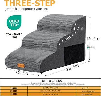 Topmart 3 Tiers Foam Dog Ramps/Steps,Non-Slip Dog Steps,Extra Wide Deep Dog Stairs,High Density Foam Pet Stairs/Ladder,Best for Older Dogs,Cats,Small Pets, Grey