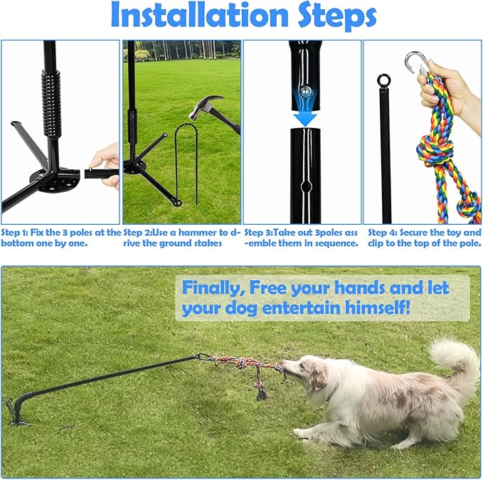 Tether Outdoor Dog Toy,Interactive Exercise Game in Yard Park Tug of War for Large Medium Small Dog Puppy with 2 Rope Toy and Bell Pull Chase and Solo Play