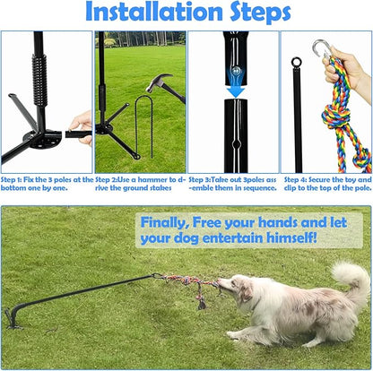 Tether Outdoor Dog Toy,Interactive Exercise Game in Yard Park Tug of War for Large Medium Small Dog Puppy with 2 Rope Toy and Bell Pull Chase and Solo Play