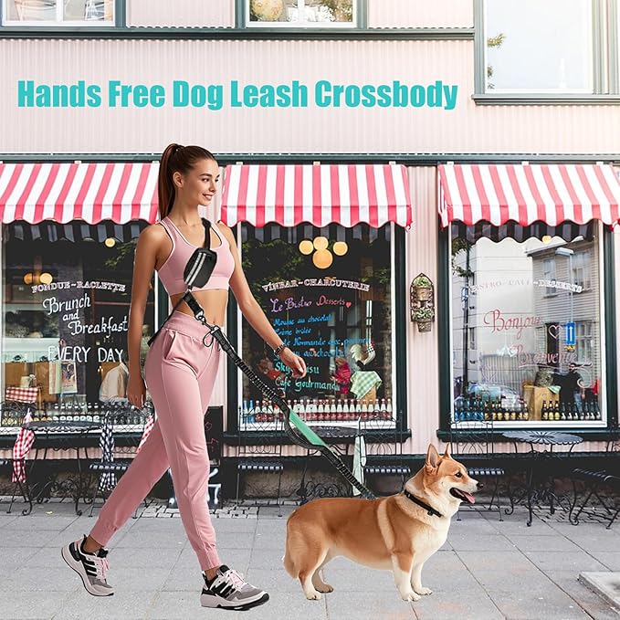 Hands Free Dog Leash with Pouch, Crossbody & Waist Leash for Dog Walking, No Pull Heavy Duty Bungee, Padded Handles & Reflective for Large Medium Dogs, Black Blue