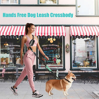 Hands Free Dog Leash with Pouch, Crossbody & Waist Leash for Dog Walking, No Pull Heavy Duty Bungee, Padded Handles & Reflective for Large Medium Dogs, Black Blue