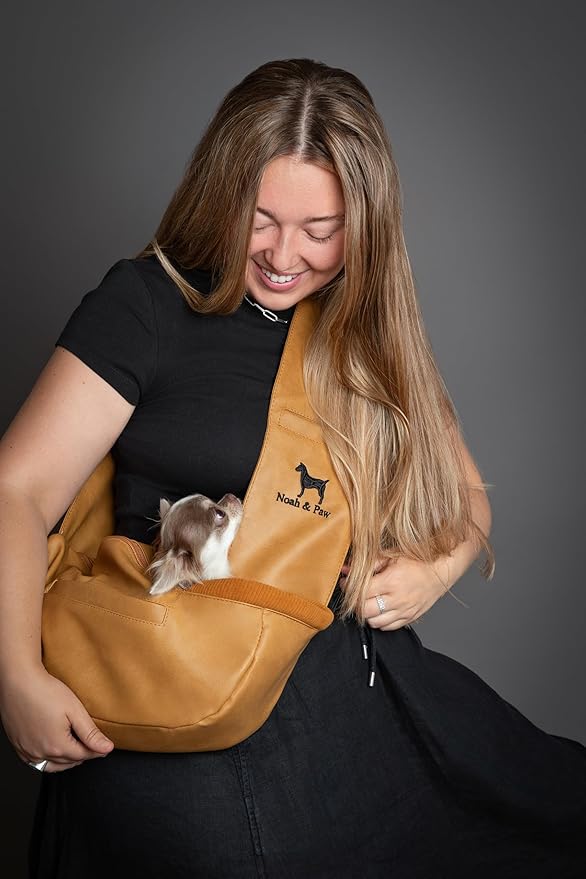Noah & Paw Dog Sling Carrier for Small Dogs 3-10lb, Dog Sling for Small Dogs and Cats, Dog Carrier with Adjustable Padded Strap, Vegan Leather Lined with Fur, 3X Safety Features, Machine Washable