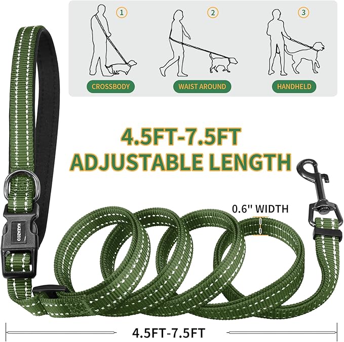 Kazazoo Hands-Free Dog Leash with Poop Bag Holder, Adjustable 4-7 Ft Waist for Dog Walking, Running for Small & Medium Dogs with Reflective Strips, Nylon Waist Belt, Green