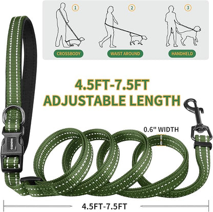 Kazazoo Hands-Free Dog Leash with Poop Bag Holder, Adjustable 4-7 Ft Waist for Dog Walking, Running for Small & Medium Dogs with Reflective Strips, Nylon Waist Belt, Green