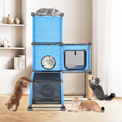 Large Cat Hamock Bed with Scratching Post – Multi-Level Cat Tree with House Condos & Ladder for Indoor/Outdoor Use+Blue/Three-Tier