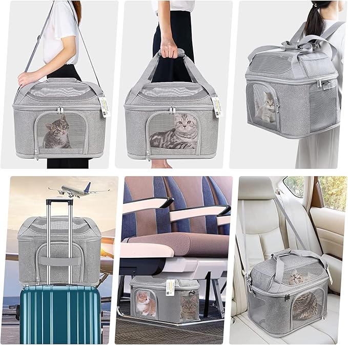 Large Cat Carrier for 2 Cats, Soft Side Pet Carrier for Cats Small Dog, Collapsible Travel Dog Carrier Bag TSA Airline Approved Dog Carrier Backpack,Grey