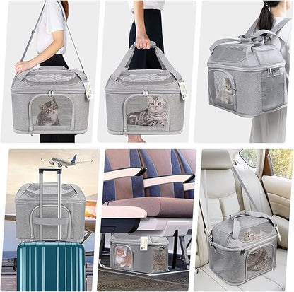 Large Cat Carrier for 2 Cats, Soft Side Pet Carrier for Cats Small Dog, Collapsible Travel Dog Carrier Bag TSA Airline Approved Dog Carrier Backpack,Grey