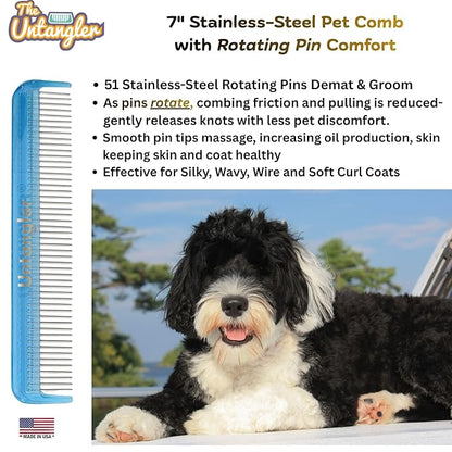 Pet comb with silky smooth rotating teeth for easy mat removal without pain to your pet (7" Sky Blue)