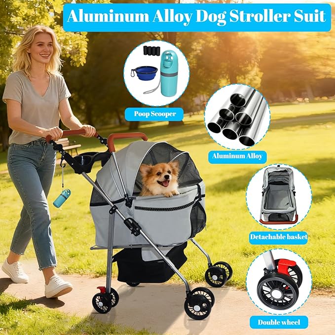 Pet Stroller 5 in 1 Foldable Pet Travel Carrier Absorption System, Dog Stroller for Medium Dogs 20 lbs Detachable Carrier Suitable for Car Seat & Hand Carry Dog Strollers for Small Dogs(Grey)