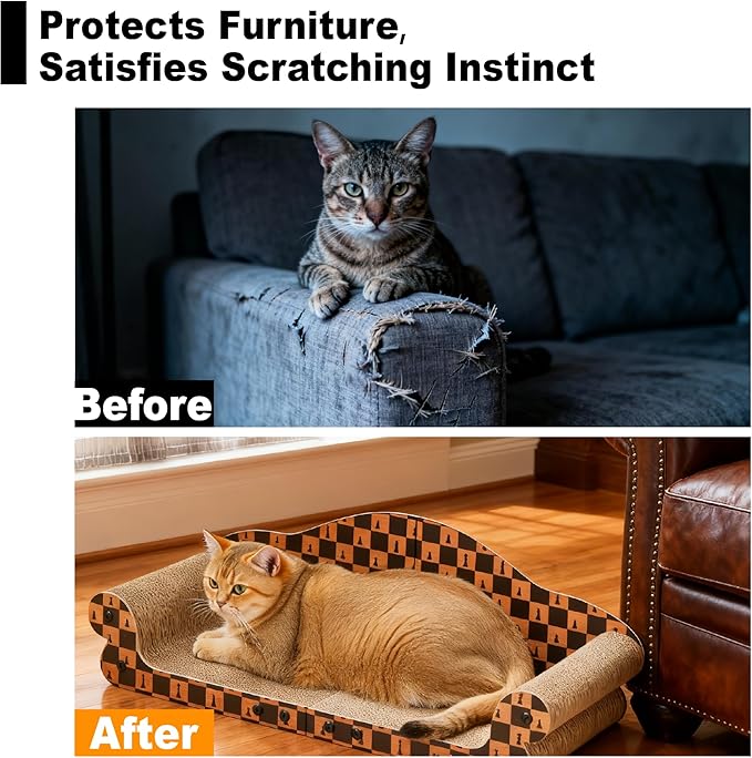 27 Inch Cat Couch Scratcher, Large Cardboard Box with Durable Scratch Pad for Cats, Comfortable Cat Scratching Sofa & Cozy Nest with Reversible Scratchers