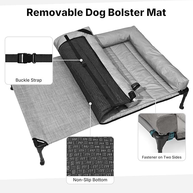 Veehoo Cooling Elevated Dog Bed Add Removable Waterproof Bolster Cushion Mat, Raised Pet Cot with Breathable Teslin Mesh, No-Slip Feet, Dog Couch Bed for Indoor Outdoor, 53 inches, Grey