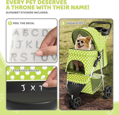 Magshion 3-Wheel Pet Stroller, Foldable Travel Jogger for Small & Medium Dogs & Cats (Up to 33lbs), Lightweight Carrier with Breathable Mesh Cover, Cup Holder & Storage Basket, Lawn Green Polka Dots