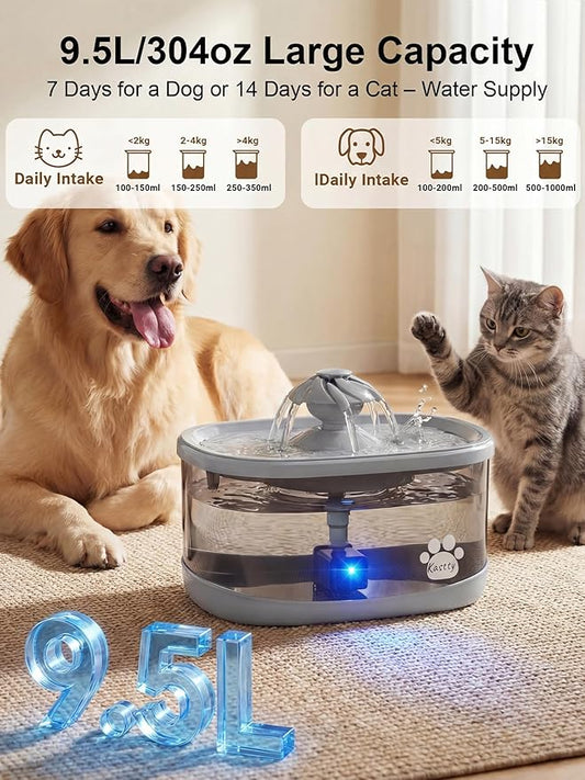 Kastty 9.5L Dog Water Fountain for Large Dogs,2.5Gal Large Capacity Pet Water Fountain with 3 Flow Modes, Automatic Quite Dog Water Bowl Dispenser with Water Window & LED,Easy to Clean(FS82,Grey)