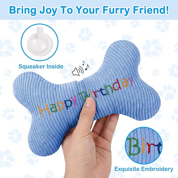 2026 Birthday Squeaky Dog Toys, Embroidered Bone Shape Blue Corduroy Pet Pillow 8"x5", Soft Cotton Filled Cute Fun Dog Chew Puzzle Toy Birthday Gifts for Small Medium Dogs(Happy Birthday)