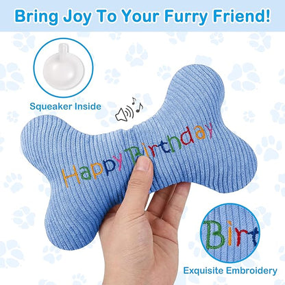 2026 Birthday Squeaky Dog Toys, Embroidered Bone Shape Blue Corduroy Pet Pillow 8"x5", Soft Cotton Filled Cute Fun Dog Chew Puzzle Toy Birthday Gifts for Small Medium Dogs(Happy Birthday)