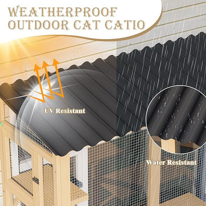 Large Catio Cat Window Box, Outdoor Cats Window Perch Enclosure for Indoor Cats with 4 Jump Platforms & 4 Doors, Kitten Cat Patio House Connected with Tunnels, All Weather Use (Natural)