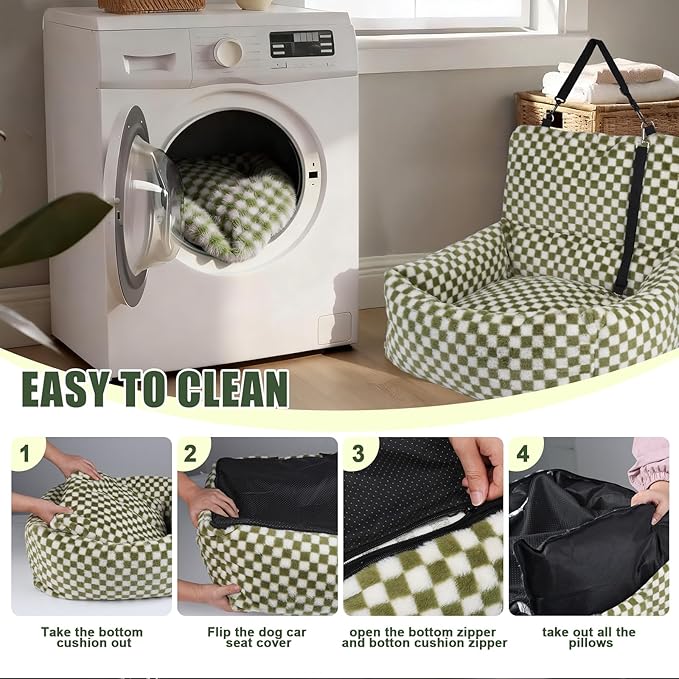 Dog Car Seat for Small Dogs,Medium Dog Car Bed with Detachable Washable Cover,Pet Puppy Booster Cars Seats with Safety Belt Up to 30 lbs(Grid Green)