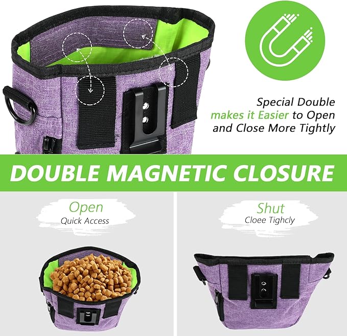 kissleaf Dog Treat Pouches for Pet Training with Magnetic Closure Treat Pouches for Pet Training,Large Dog Treat Training Pouch and Dog Clicker,Training Treat Pouch Built-In Poop Bag Dispenser-Purple.