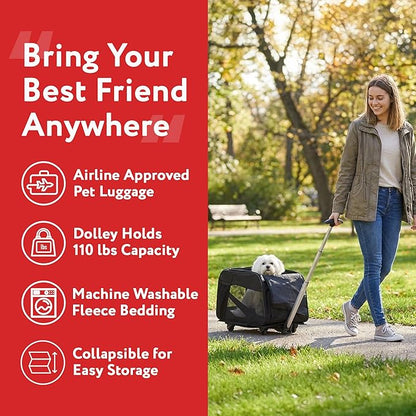 dbest products Rolling Pet Carrier with Wheels Airline Approved - TSA Dog Cat Carrier for Airplane Travel - Wheeled Pet Carrier 18x12x20 for Pets up to 24lbs - Collapsible Travel Bag