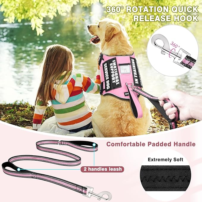 Service Dog Vest Harness and Leash Set+10 Patches,No Pull&Easy Walk Reflective Dog Harness with Soft Padded Handle for Training/Everyday,Fit Small/Medium/Large/Extra-Large Dogs (Pink L)