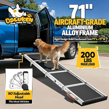 Dog Ramp for (200 lbs), Extra L71” W17” Folding Pet Ramp for Large Dogs 90° Adjustable Head, Outdoor Anti-Slip Foldable Dog Car Ramps for SUV Truck Side Door (5 Folded)