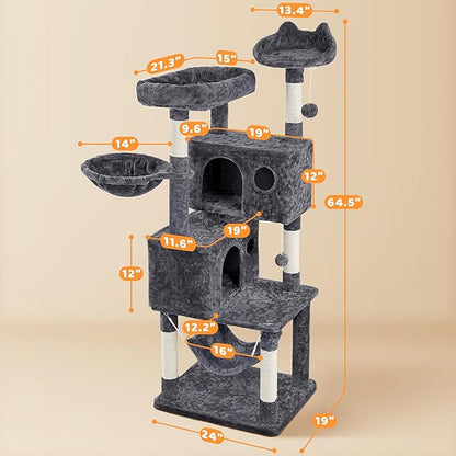 Yaheetech 64.5in Extra Large Cat Tree with 2 Perches, 2 Condos, 5 Scratching Posts, Funny Hammock & Basket & Dangling Balls, Multi-Level Cat Tower for Indoor Felines, Dark Gray